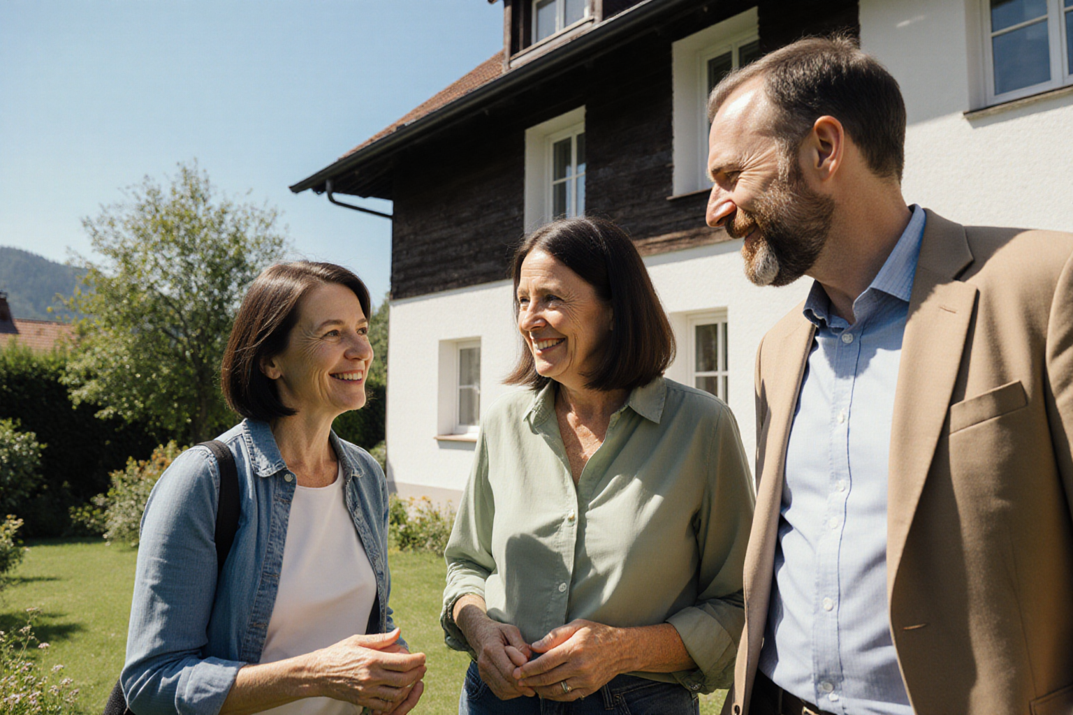 Respektvolles freundliches Eigentümergespräch bei normalem bayerischem Haus, drei Erwachsene, keine romantische Inszenierung