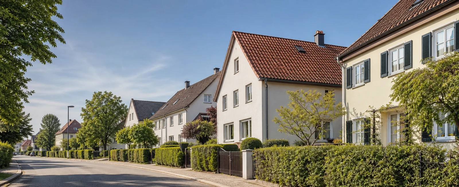 Ruhige bayerische Wohnstraße mit hellen Häusern, Ziegeldächern und Gärten